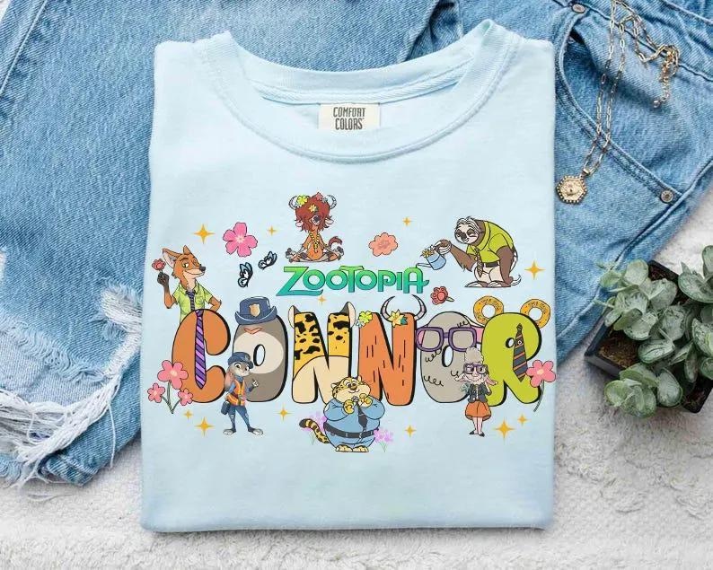 Personalized Disney Zootopia 2 Character T-Shirt, Custom Name Judy Hopps & Nick Wilde, Disneyland Birthday Family Matching Trip Tee afbeelding 1