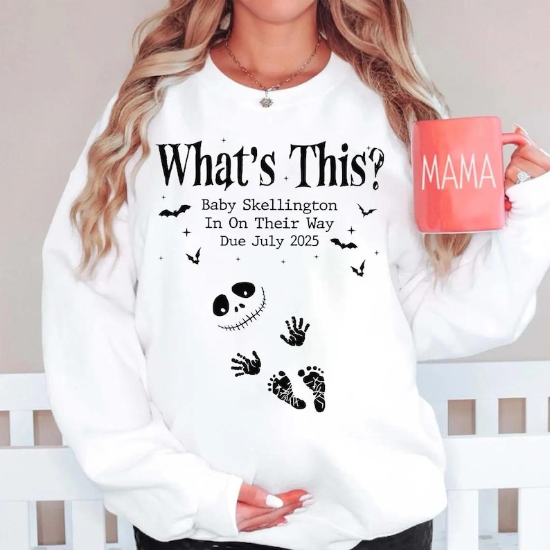 Personalized Disney Pregnancy Announcement T-Shirt Baby Skellington on the Way, Gift for New Moms, Nightmare Before Christmas Maternity Tee image 1