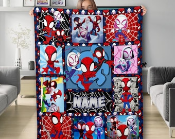 May include: A rectangular fleece blanket featuring a collage of cartoon Spider-Man and Spider-Gwen characters in various action poses. The design includes a central blue panel with the word NAME in bold white letters over a black spiderweb.
