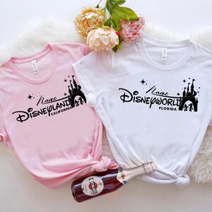 Personalized Name Disneyland California & Disney World Castle Tee, Walt Disney World Family Matching Shirt, Disneyland Trip 2026 Family Tee image 1