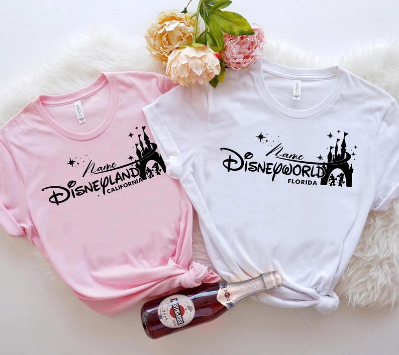 Personalized Name Disneyland California & Disney World Castle Tee, Walt Disney World Family Matching Shirt, Disneyland Trip 2026 Family Tee image 1
