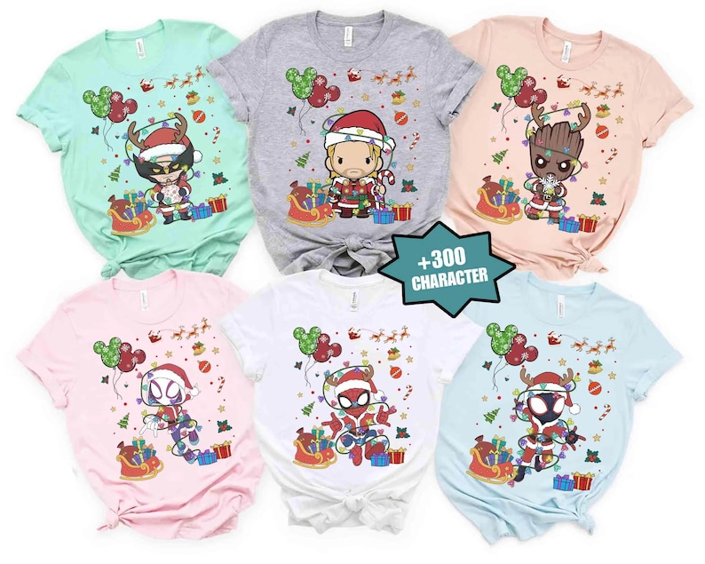 Marvel Avengers All Characters Christmas Lights Tee, Spidey & Friends Holiday Shirt, Disneyland Family Matching Trip Tee image 1