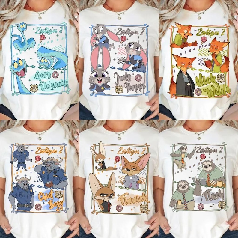 Disney Zootopia 2025 Movie Character Portrait Tee, Judy Hopps & Nick Wilde Birthday Shirt, Disneyland Family Matching Trip Tee image 1