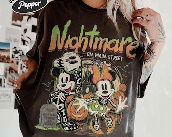 Vintage Retro Disney Nightmare on Main Street Tee, Mickey Minnie Skeleton Shirt, Disneyland Halloween 2026 Party Shirt, Disney Halloween Tee