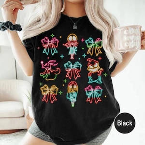 Disney Nightmare Before Christmas Coquette Bow Neon Tee, Spooky Season Shirt Featuring Jack Skellington, Sally & Oogie Boogie Bash Design Bild 1