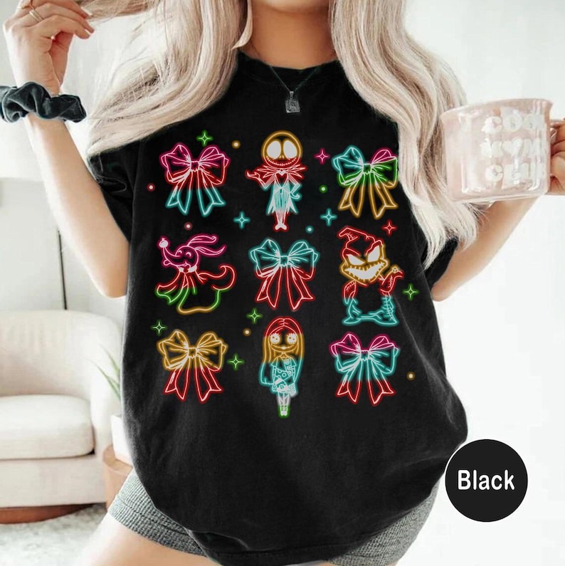Disney Nightmare Before Christmas Coquette Bow Neon Tee, Spooky Season Shirt Featuring Jack Skellington, Sally & Oogie Boogie Bash Design Bild 1