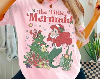 Disney The Little Mermaid Princess Ariel Christmas Tee, Disney Princess Ariel & Flounder Shirt, Disneyland Xmas Princess Girl Trip Top