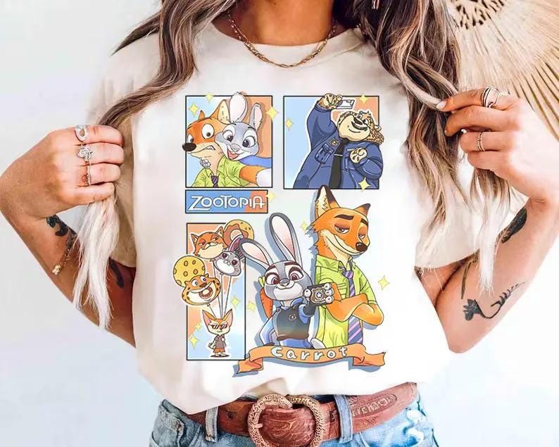 Disney Zootopia 2 Judy Hopps & Nick Wilde Portrait T-Shirt, WDW Zootropolis Birthday Gift, Disneyland Family Matching Trip Tee image 1