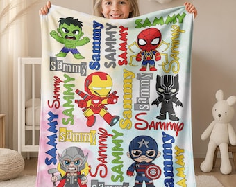 May include: A soft fleece blanket featuring a repeating pattern of cartoon Marvel superheroes including Hulk, Spider-Man, Iron Man, Black Panther, Thor, and Captain America, interspersed with the name Sammy written in various colorful fonts.