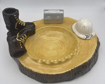 11" 1978 Vintage Handmade Construction Worker Ashtray Ceramic Signed