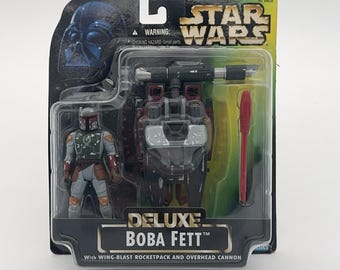 Figura de acción vintage de 1996 de Star Wars Deluxe Boba Fett con mochila propulsora y cañón superior, sellada, nueva en caja.