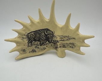 Faux Standing Moose Antler Etched Picture Buffalo In Prairie Scene Decor