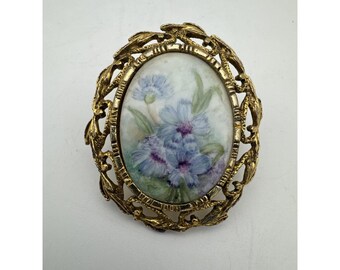 Broche colgante de moda vintage con camafeo de flor de porcelana en tono dorado envejecido