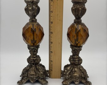 Candelabros vintage de metal dorado ornamentado estilo Hollywood Regency color ámbar de 20 cm (8 pulgadas)