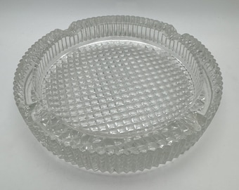 Vintage Clear Crystal Glass Ashtray Diamond Cut Scalloped Edge Heavy