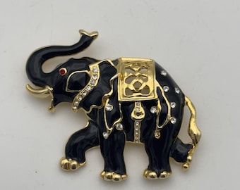 Broche colgante de elefante con pedrería esmaltada en negro brillante estilo vintage en tono dorado