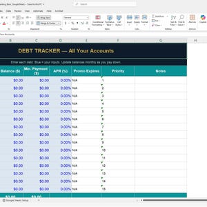 Op de afbeelding: Een spreadsheet met de titel "DEBT TRACKER - All Your Accounts" met kolommen voor crediteur, saldo, minimale betaling, APR en prioriteit. De spreadsheet staat in een Microsoft Excel-venster.
