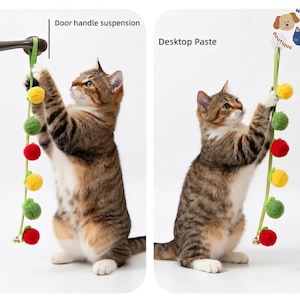 May include: A tabby cat plays with a cat toy suspended from a door handle. The toy is a green string with colorful pom-poms in red, yellow, and green, and a small bell. The Wildmeridian Boutique logo is visible.