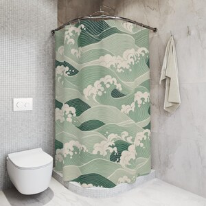 Green Wave Shower Curtain, Japanese Inspired Sage Seafoam Pattern, Coastal Bath Decor, Vintage Ocean Guest Bathroom Accent, Spa Style image 5