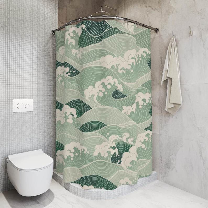 Green Wave Shower Curtain, Japanese Inspired Sage Seafoam Pattern, Coastal Bath Decor, Vintage Ocean Guest Bathroom Accent, Spa Style image 5