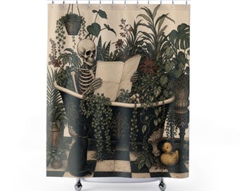 Cortina de ducha con humor negro, esqueleto leyendo en una bañera llena de plantas, decoración divertida de baño con gato negro, arte para baño de invitados victoriano