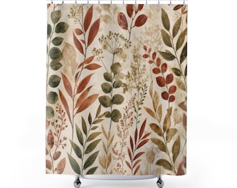 Botanical Shower Curtain, Rust Green Leafy Stem Pattern, Farmhouse Bathroom Decor, Earth Tone Guest Bath Garden Cottage Style