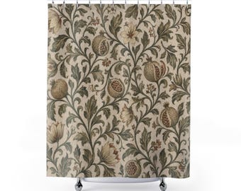 Green Floral Shower Curtain, Arts and Crafts Farmhouse Bathroom Decor, Olive Botanical Bath Curtain, Vintage Guest Bath, Powder Room