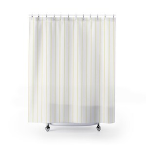 White Pinstripe Shower Curtain, Pale Yellow Striped Curtain, Modern Minimalist Bathroom Decor, Dense Vertical Stripe Bath Curtain image 1