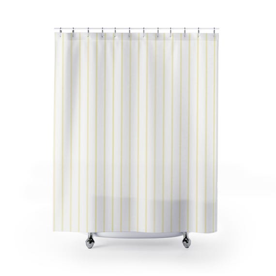White Pinstripe Shower Curtain, Pale Yellow Striped Curtain, Modern Minimalist Bathroom Decor, Dense Vertical Stripe Bath Curtain