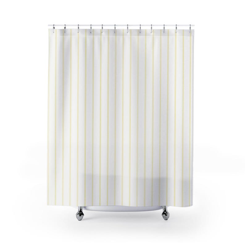 White Pinstripe Shower Curtain, Pale Yellow Striped Curtain, Modern Minimalist Bathroom Decor, Dense Vertical Stripe Bath Curtain image 1