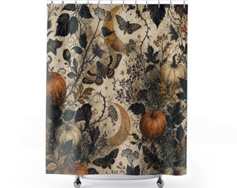 Halloween Shower Curtain, Vintage Pumpkin Botanical Pattern, Dark Cottage Bathroom Decor, Gothic Guest Bath Fall Seasonal Style