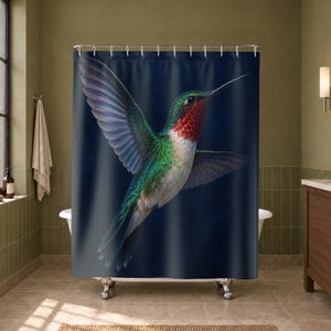 Hummingbird Shower Curtain, Emerald Teal Bird on Midnight Navy, Ruby Throat and Fine Feathers, Natural History Art, Dramatic Bathroom Decor