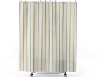 French Stripe Shower Curtain, Fine Blue Pinstripe Bathroom Decor, Farmhouse Country Ivory Bath Curtain, Vintage Cottage Guest Bath