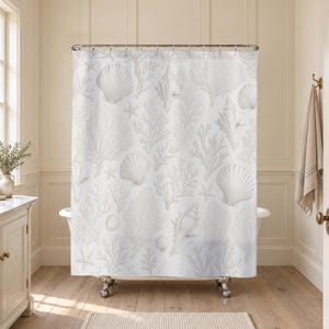 White Coastal Shower Curtain, Shell Toile Bathroom Decor, Ivory Coral Seashell Bath Curtain, Beach Cottage Guest Bath Powder Room Decor