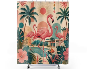 Retro Flamingo Shower Curtain, Pink Tropical Palm Bathroom Decor, Mid Century Modern Poolside Bath Curtain, Vintage Florida Resort Art