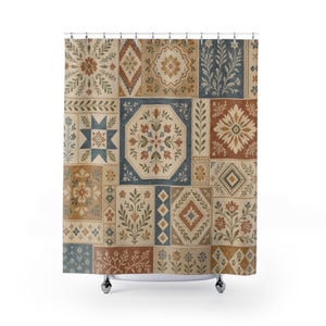 May include: A shower curtain featuring a patchwork design of rectangular and square panels. The pattern displays various floral, leaf, and geometric motifs in a colour palette of muted blue, terracotta orange, cream, and beige tones throughout.