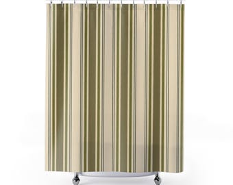 Cortina de ducha con rayas de algodón color oliva, estampado Heritage en verde musgo terroso, decoración de baño estilo granja color avena, baño de invitados a medida