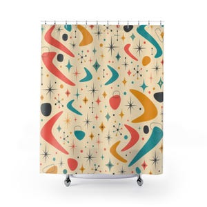 50s Shower Curtain, Retro Atomic Bath Decor, Teal Orange Yellow Starburst Pattern, Mid Century Modern Cream Guest Bathroom Style Decor