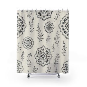 Farmhouse Shower Curtain, Black White Botanical Medallion Pattern, Vintage Country Bathroom Decor, Classic Guest Bath Style image 1