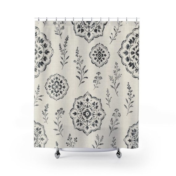 Farmhouse Shower Curtain, Black White Botanical Medallion Pattern, Vintage Country Bathroom Decor, Classic Guest Bath Style