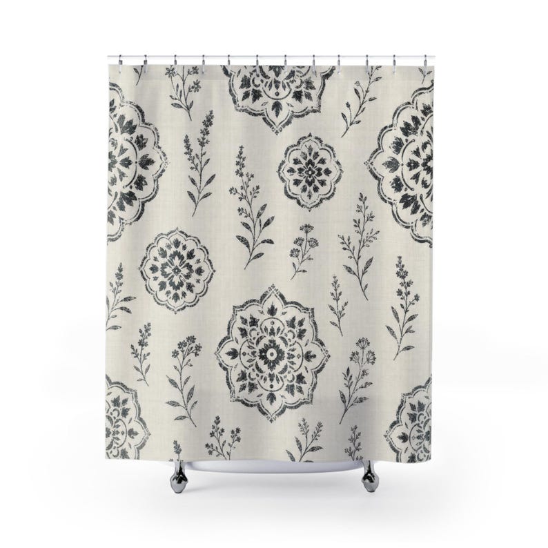 Farmhouse Shower Curtain, Black White Botanical Medallion Pattern, Vintage Country Bathroom Decor, Classic Guest Bath Style image 1