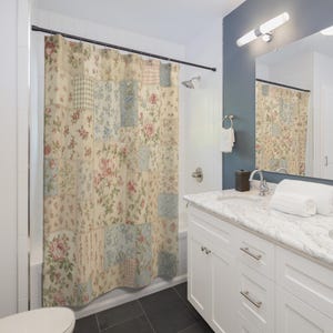 Cottagecore Shower Curtain, Vintage Floral Patchwork Bath Decor, Blue Cream Quilt Pattern, Soft Farmhouse Guest Bathroom Decor Style image 3