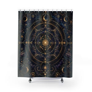 Celestial Mandala Shower Curtain, Sacred Geometry Moon and Lotus Print, Navy Gold Mystical Boho Bathroom Decor, Spiritual Bath Curtain image 1