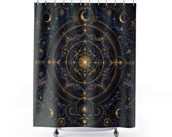Hemelse mandala douchegordijn, heilige geometrie print maan en lotus, marine goud mystieke boho badkamer decor, spiritueel badgordijn