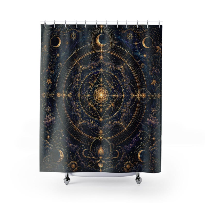 Celestial Mandala Shower Curtain, Sacred Geometry Moon and Lotus Print, Navy Gold Mystical Boho Bathroom Decor, Spiritual Bath Curtain image 1