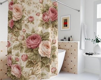 Rideau de douche floral rose, décoration de salle de bain de jardin vintage, motif vigne de roses, rideau de bain cottagecore, jardin de fleurs roses et vertes
