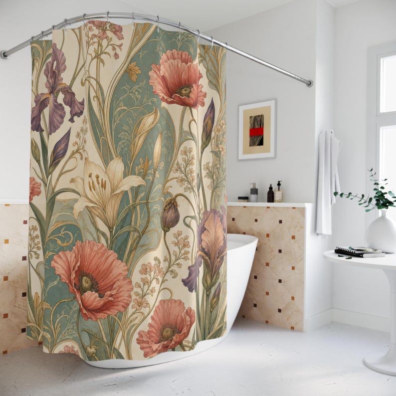 Art Nouveau Poppy Shower Curtain, Sage Coral Vintage Bathroom Decor, Iris Floral Bath Curtain, Guest Bathroom Decor, Small Bathroom Decor image 4
