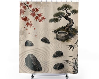 Cortina de ducha con diseño de jardín zen, arena y piedras rastrilladas con tinta sumi, decoración de baño con bonsáis de arce, arte minimalista y sereno para el baño de invitados.