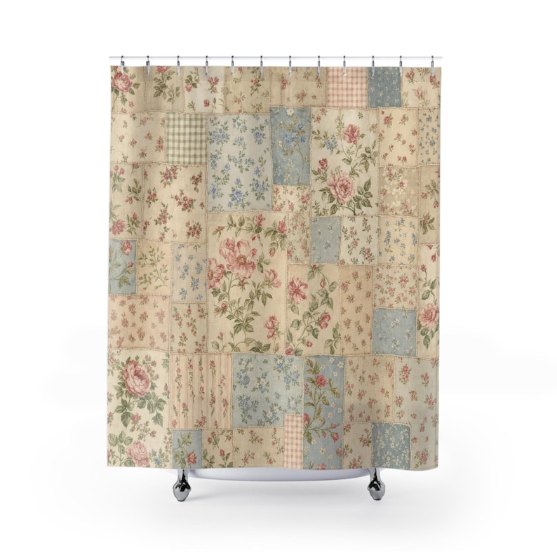 Cottagecore Shower Curtain, Vintage Floral Patchwork Bath Decor, Blue Cream Quilt Pattern, Soft Farmhouse Guest Bathroom Decor Style image 1