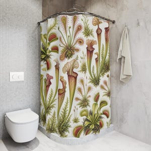 Carnivorous Plant Shower Curtain, Venus Flytrap Pitcher Plant Botanical Pattern, Green Jungle Bathroom Decor, Plant Lover Guest Bath image 5